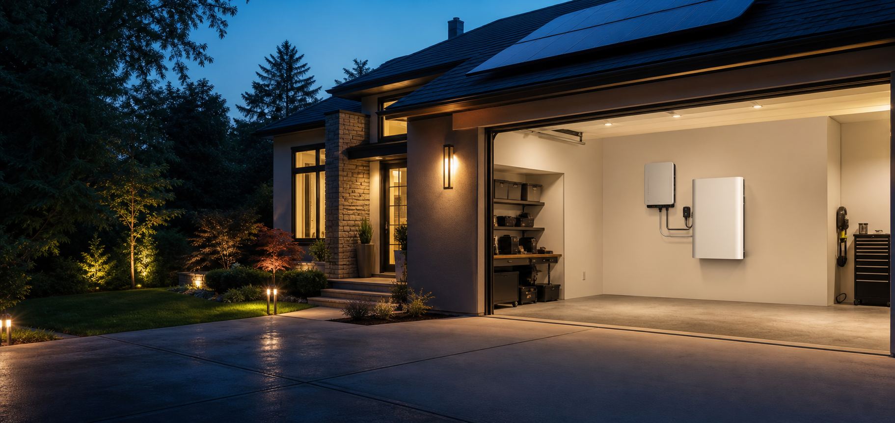 Home with solar panels and a home energy system in an open garage