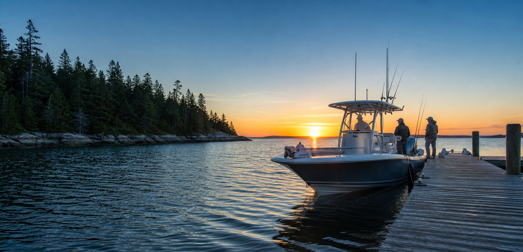 Fishing boat at a coastal dock at sunrise