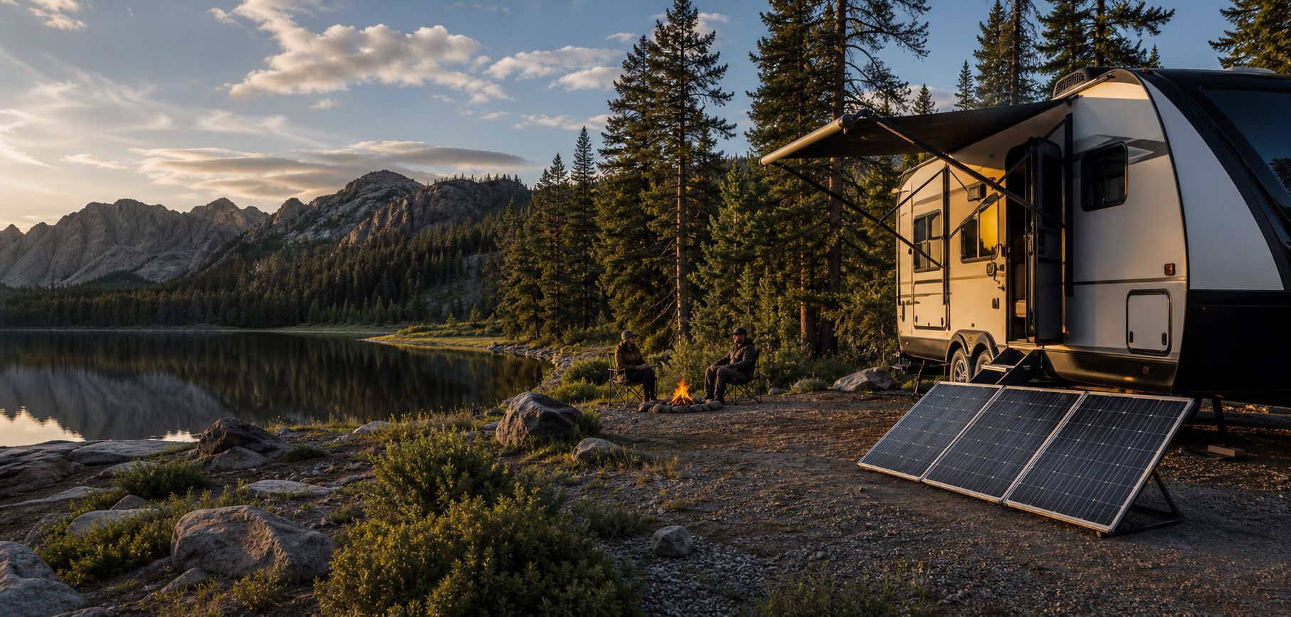Travel trailer and solar panels beside a mountain lake