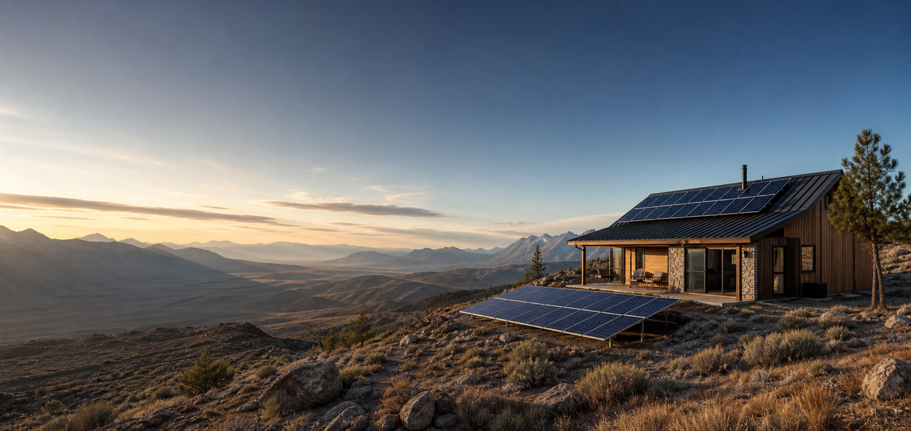 Off-grid cabin with roof-mounted and ground-mounted solar panels